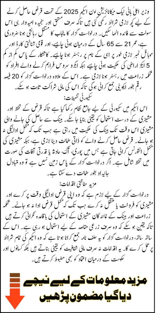 CM High Tech Mechanization Loan Scheme 2025 Requirements For Application And Security Details